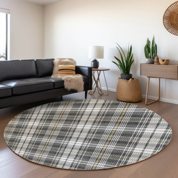 HomeRoots 8' Charcoal Ivory Gold Plaid Round Rug – Stylish UV-Protected, Washable, Stain-Resistant Design! 678230