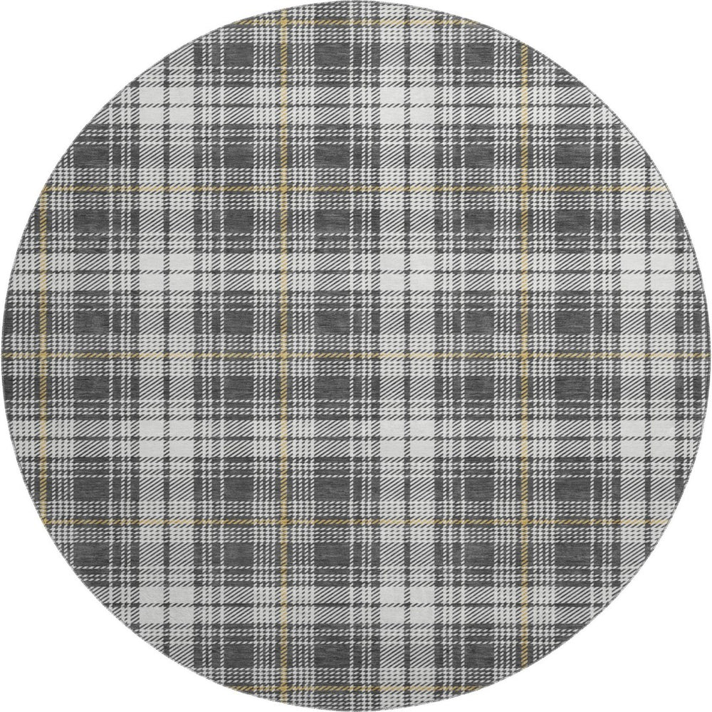 HomeRoots 8' Charcoal Ivory Gold Plaid Round Rug – Stylish UV-Protected, Washable, Stain-Resistant Design! 678230