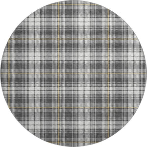 HomeRoots 8' Charcoal Ivory Gold Plaid Round Rug – Stylish UV-Protected, Washable, Stain-Resistant Design! 678230