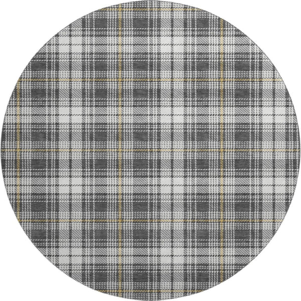 HomeRoots 8' Charcoal Ivory Gold Plaid Round Rug – Stylish UV-Protected, Washable, Stain-Resistant Design! 678230