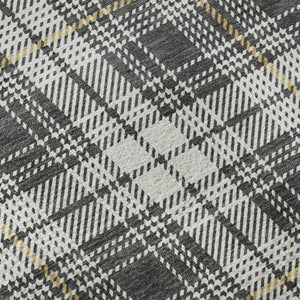 HomeRoots 8' Charcoal Ivory Gold Plaid Round Rug – Stylish UV-Protected, Washable, Stain-Resistant Design! 678230