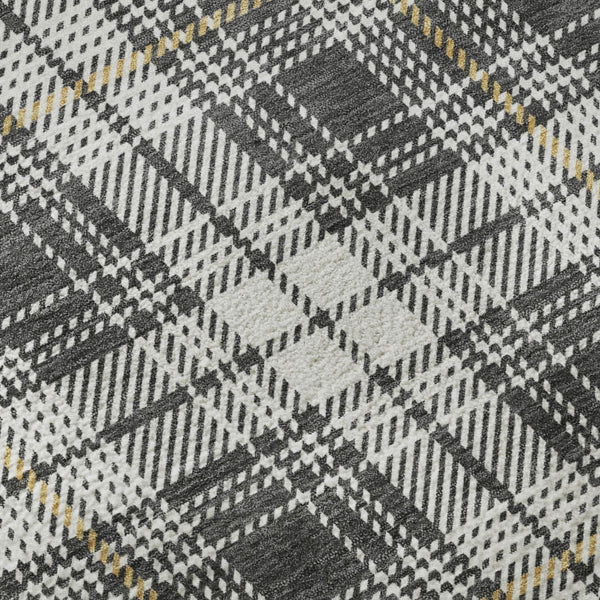 HomeRoots 8' Charcoal Ivory Gold Plaid Round Rug – Stylish UV-Protected, Washable, Stain-Resistant Design! 678230