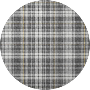 HomeRoots 8' Charcoal Ivory Gold Plaid Round Rug – Stylish UV-Protected, Washable, Stain-Resistant Design! 678230