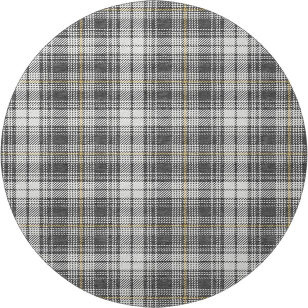 HomeRoots 8' Charcoal Ivory Gold Plaid Round Rug – Stylish UV-Protected, Washable, Stain-Resistant Design! 678230