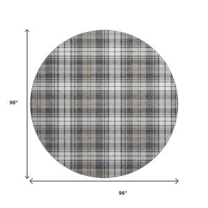 HomeRoots 8' Charcoal Ivory Gold Plaid Round Rug – Stylish UV-Protected, Washable, Stain-Resistant Design! 678230