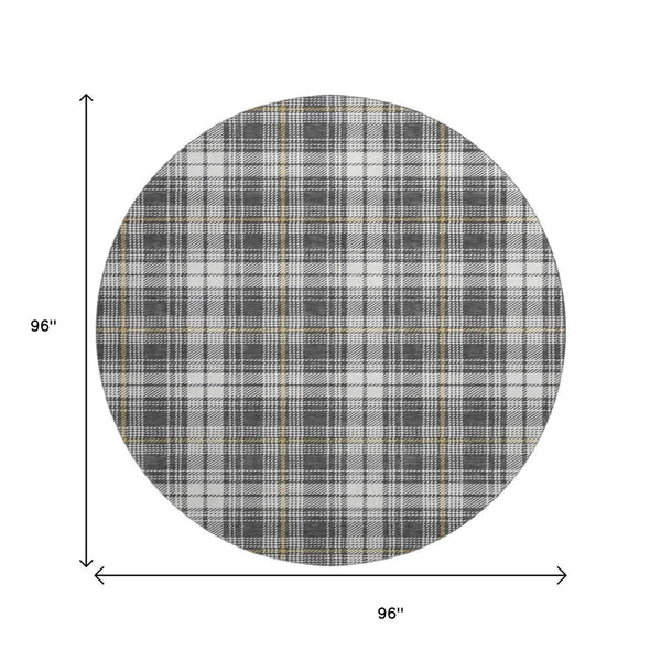 HomeRoots 8' Charcoal Ivory Gold Plaid Round Rug – Stylish UV-Protected, Washable, Stain-Resistant Design! 678230
