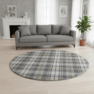 HomeRoots 8' Charcoal Ivory Gold Plaid Round Rug – Stylish UV-Protected, Washable, Stain-Resistant Design! 678230