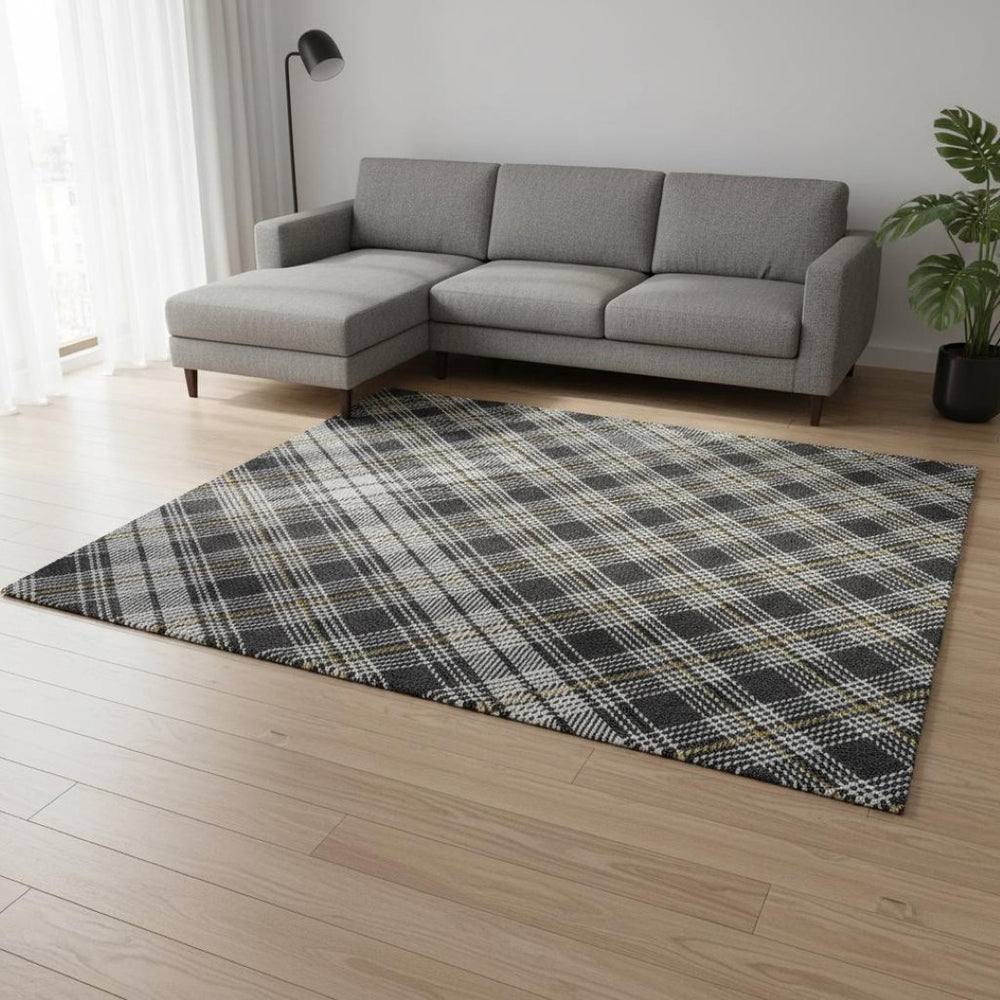 HomeRoots 8' X 10' Stylish Charcoal Ivory Gold Plaid Area Rug - Washable, UV Protected, Stain Resistant Decor 678231