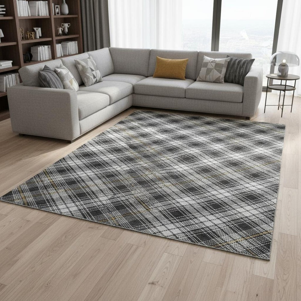 HomeRoots 9' X 12' Charcoal Ivory Gold Plaid Washable Area Rug with UV Protection for Homes with Kids & Pets 678232