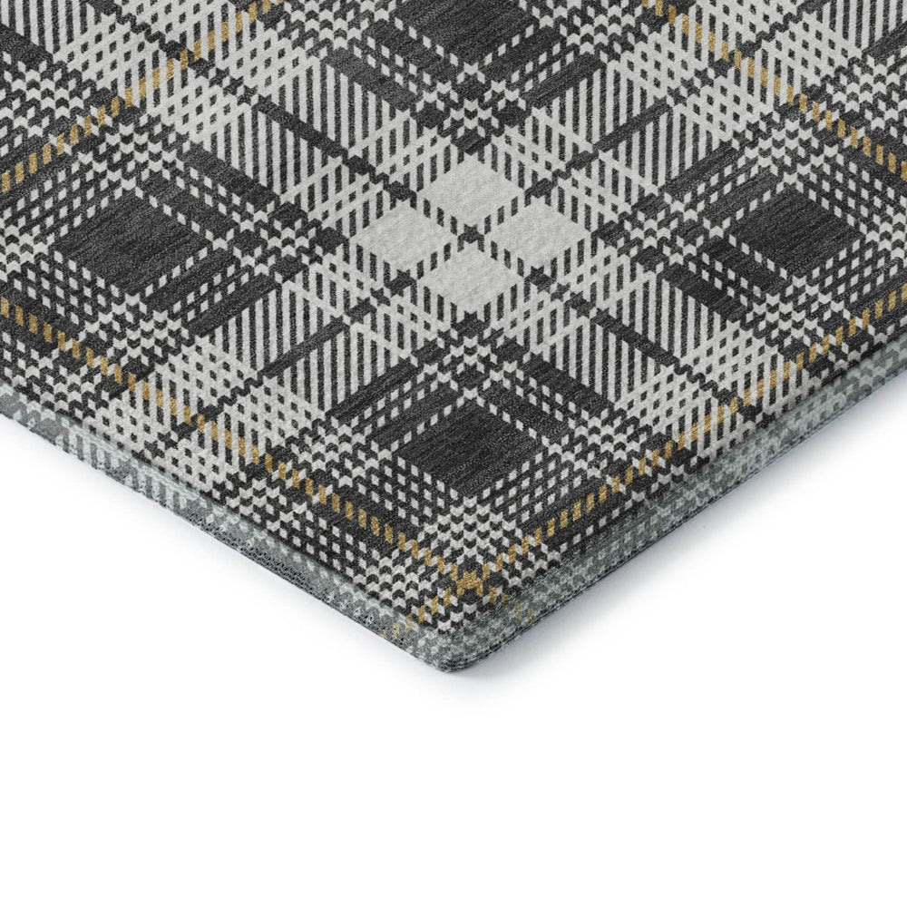 HomeRoots 9' X 12' Charcoal Ivory Gold Plaid Washable Area Rug with UV Protection for Homes with Kids & Pets 678232