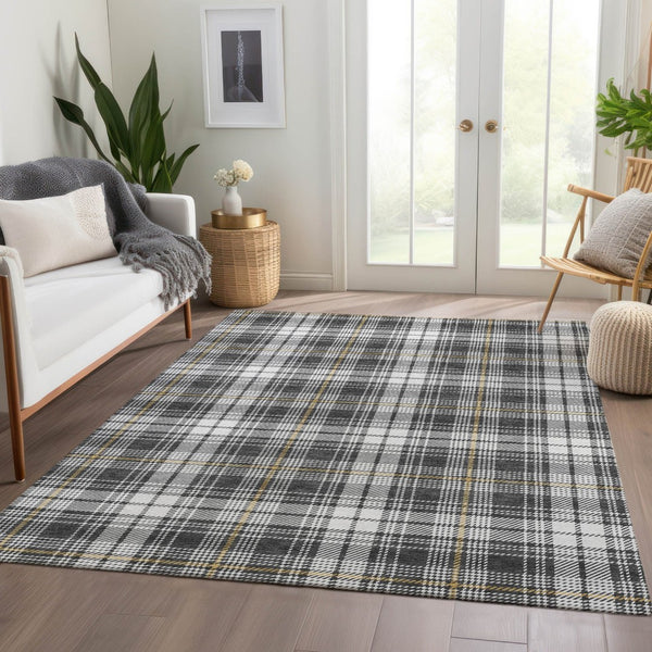 HomeRoots 9' X 12' Charcoal Ivory Gold Plaid Washable Area Rug with UV Protection for Homes with Kids & Pets 678232