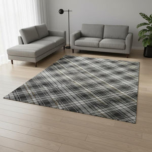 HomeRoots 10' Charcoal Ivory Gold Plaid Washable Area Rug – Durable, Stylish Design with UV Protection & Easy Care! 678233