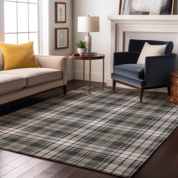 HomeRoots 10' Charcoal Ivory Gold Plaid Washable Area Rug – Durable, Stylish Design with UV Protection & Easy Care! 678233