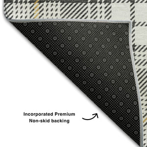 HomeRoots 10' Charcoal Ivory Gold Plaid Washable Area Rug – Durable, Stylish Design with UV Protection & Easy Care! 678233