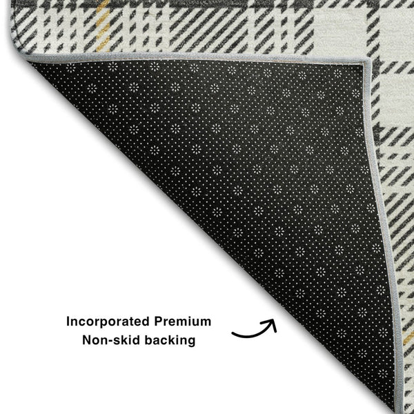 HomeRoots 10' Charcoal Ivory Gold Plaid Washable Area Rug – Durable, Stylish Design with UV Protection & Easy Care! 678233