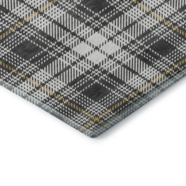 HomeRoots 10' Charcoal Ivory Gold Plaid Washable Area Rug – Durable, Stylish Design with UV Protection & Easy Care! 678233