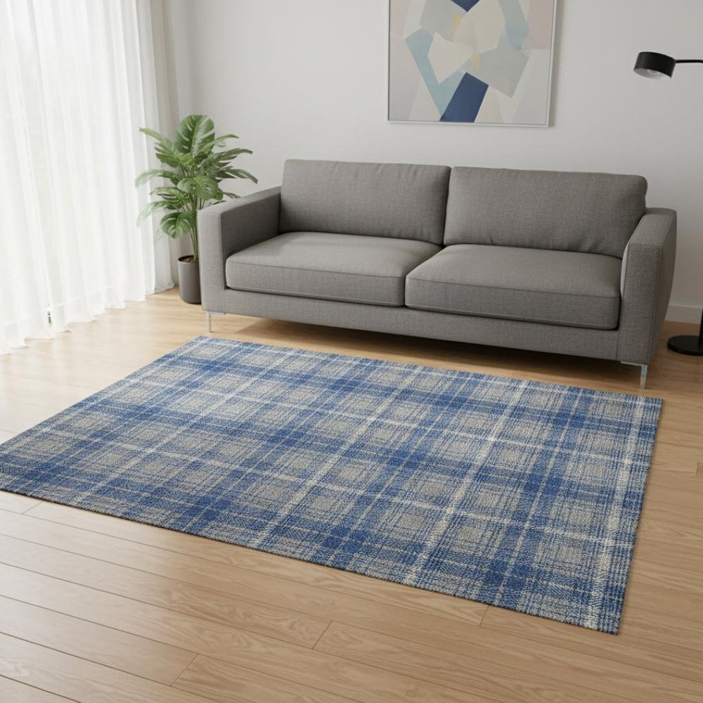 HomeRoots 5' Stylish Gray Blue Ivory Plaid Washable Area Rug with UV Protection for High-Traffic Homes 678235