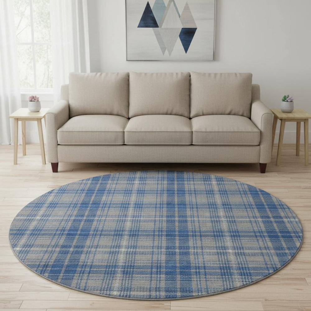 HomeRoots 8' Gray Blue and Ivory Plaid Round Rug - Washable, UV Protected, Stain Resistant for Family Spaces 678236