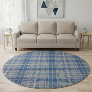 HomeRoots 8' Gray Blue and Ivory Plaid Round Rug - Washable, UV Protected, Stain Resistant for Family Spaces 678236