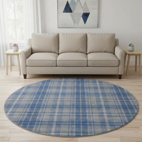 HomeRoots 8' Gray Blue and Ivory Plaid Round Rug - Washable, UV Protected, Stain Resistant for Family Spaces 678236