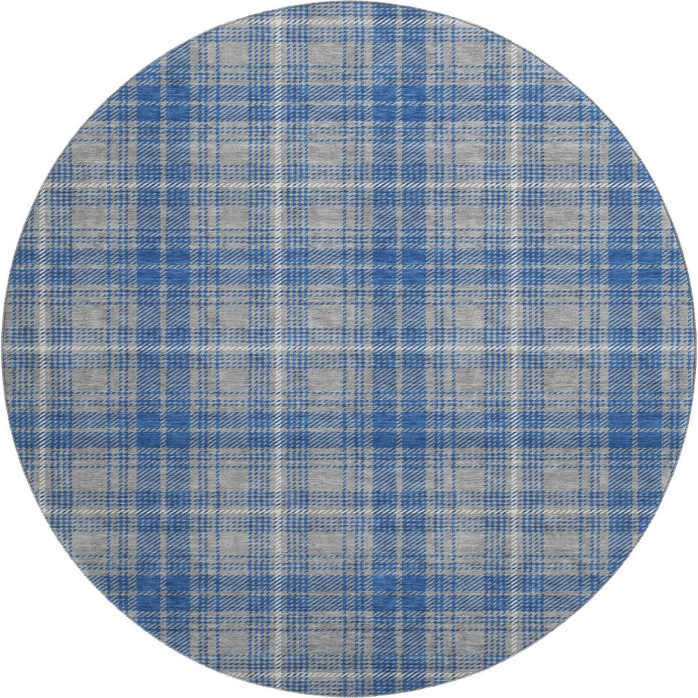 HomeRoots 8' Gray Blue and Ivory Plaid Round Rug - Washable, UV Protected, Stain Resistant for Family Spaces 678236