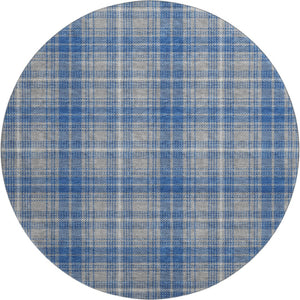 HomeRoots 8' Gray Blue and Ivory Plaid Round Rug - Washable, UV Protected, Stain Resistant for Family Spaces 678236