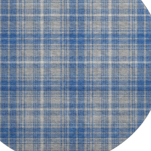 HomeRoots 8' Gray Blue and Ivory Plaid Round Rug - Washable, UV Protected, Stain Resistant for Family Spaces 678236