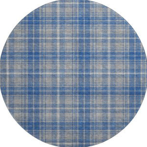 HomeRoots 8' Gray Blue and Ivory Plaid Round Rug - Washable, UV Protected, Stain Resistant for Family Spaces 678236