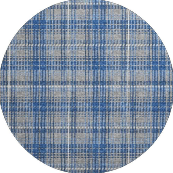 HomeRoots 8' Gray Blue and Ivory Plaid Round Rug - Washable, UV Protected, Stain Resistant for Family Spaces 678236