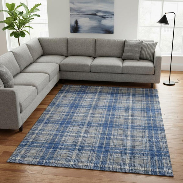HomeRoots 8' X 10' Gray Blue and Ivory Plaid Area Rug - Soft, Durable, Stain-Resistant with UV Protection! 678237