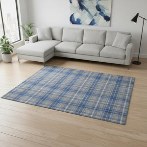 HomeRoots 9' X 12' Stylish Gray Blue Ivory Plaid Area Rug – Washable, Stain-Resistant & UV Protected for Homes 678238
