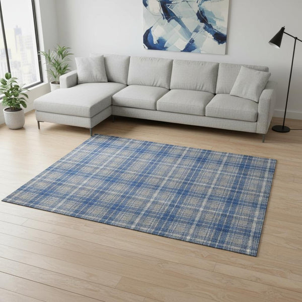 HomeRoots 9' X 12' Stylish Gray Blue Ivory Plaid Area Rug – Washable, Stain-Resistant & UV Protected for Homes 678238