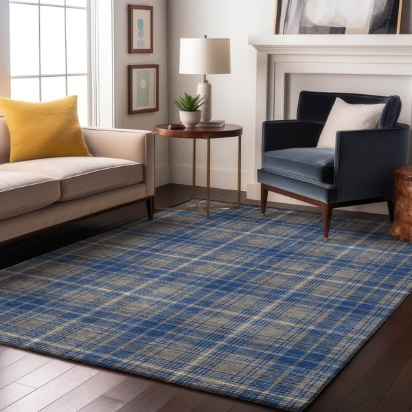 HomeRoots 9' X 12' Stylish Gray Blue Ivory Plaid Area Rug – Washable, Stain-Resistant & UV Protected for Homes 678238