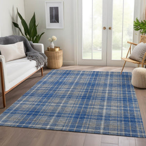 HomeRoots 9' X 12' Stylish Gray Blue Ivory Plaid Area Rug – Washable, Stain-Resistant & UV Protected for Homes 678238