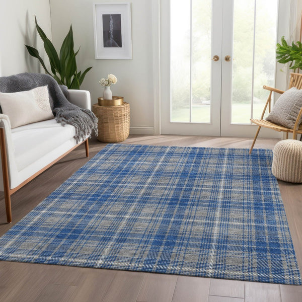 HomeRoots 9' X 12' Stylish Gray Blue Ivory Plaid Area Rug – Washable, Stain-Resistant & UV Protected for Homes 678238