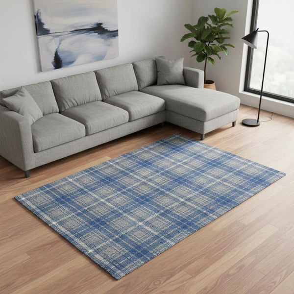 HomeRoots 10' Gray Blue & Ivory Plaid Washable Area Rug - Stain Resistant, UV Protected, Perfect for Families! 678239