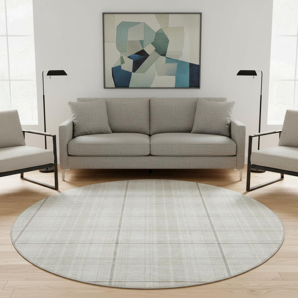 HomeRoots 8' Washable Round Rug in Ivory Brown Beige Plaid – Durable, Stain-Resistant, UV Protected, Stylish! 678242