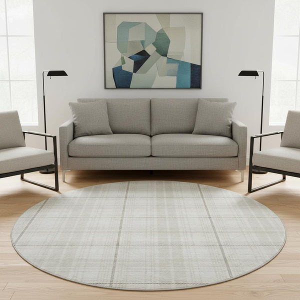 HomeRoots 8' Washable Round Rug in Ivory Brown Beige Plaid – Durable, Stain-Resistant, UV Protected, Stylish! 678242