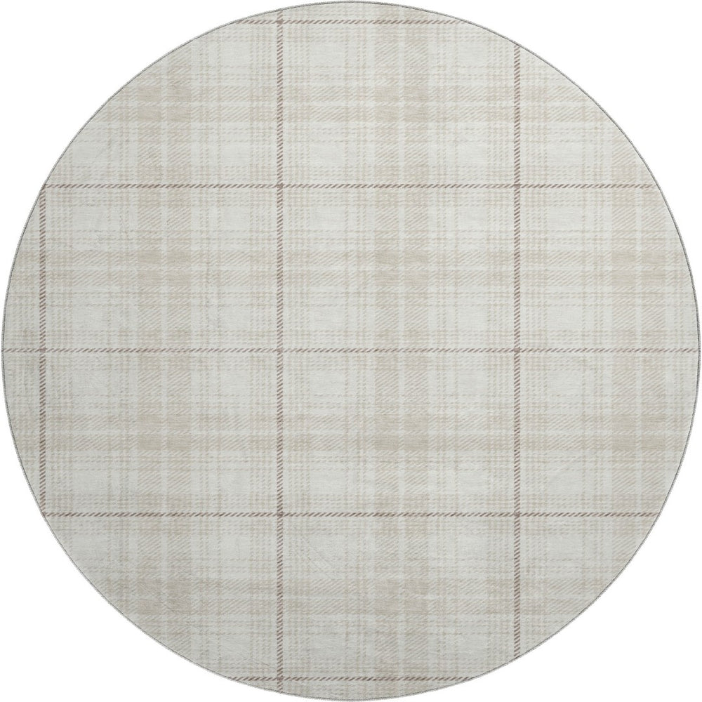 HomeRoots 8' Washable Round Rug in Ivory Brown Beige Plaid – Durable, Stain-Resistant, UV Protected, Stylish! 678242