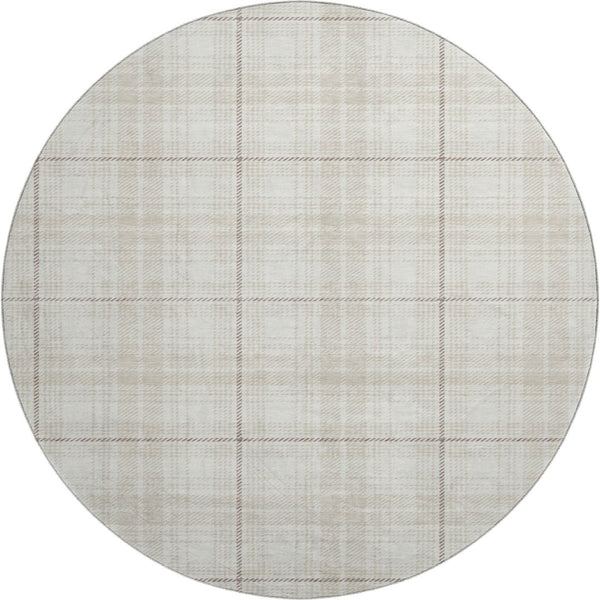 HomeRoots 8' Washable Round Rug in Ivory Brown Beige Plaid – Durable, Stain-Resistant, UV Protected, Stylish! 678242
