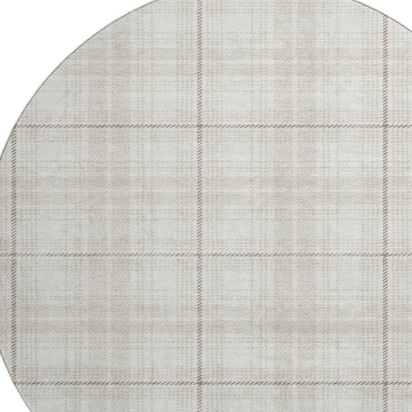 HomeRoots 8' Washable Round Rug in Ivory Brown Beige Plaid – Durable, Stain-Resistant, UV Protected, Stylish! 678242