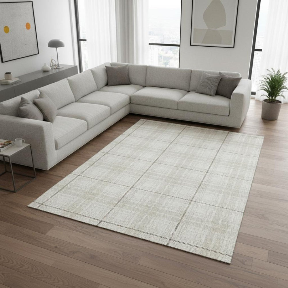 HomeRoots 8' X 10' Ivory Brown & Beige Plaid Area Rug - Washable, UV Protected, Durable for High-Traffic Homes 678243
