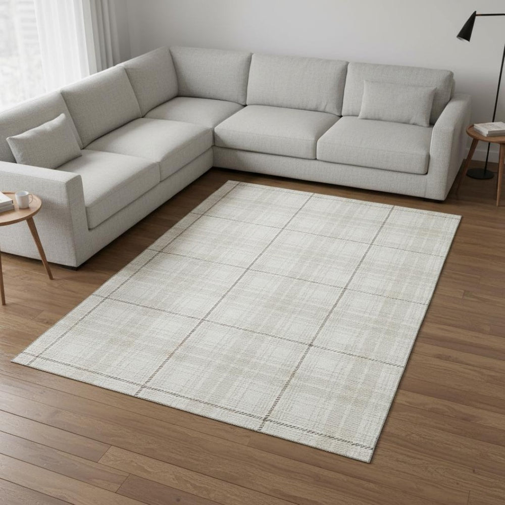 HomeRoots 9' X 12' Ivory Brown Beige Plaid Area Rug - Stylish, Stain Resistant, UV Protected, Easy Care! 678244