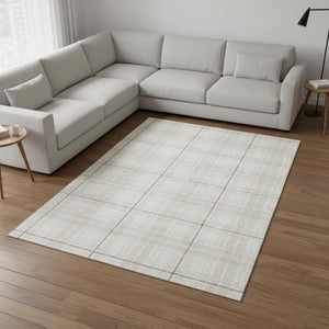 HomeRoots 9' X 12' Ivory Brown Beige Plaid Area Rug - Stylish, Stain Resistant, UV Protected, Easy Care! 678244