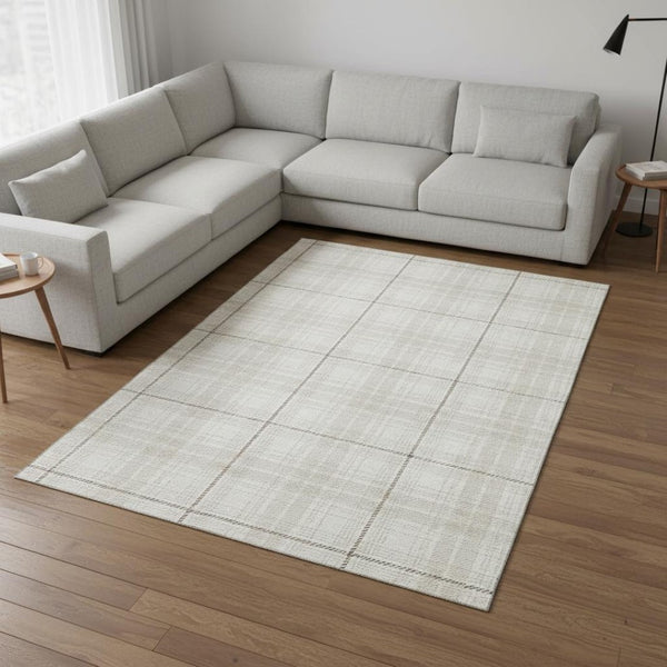 HomeRoots 9' X 12' Ivory Brown Beige Plaid Area Rug - Stylish, Stain Resistant, UV Protected, Easy Care! 678244