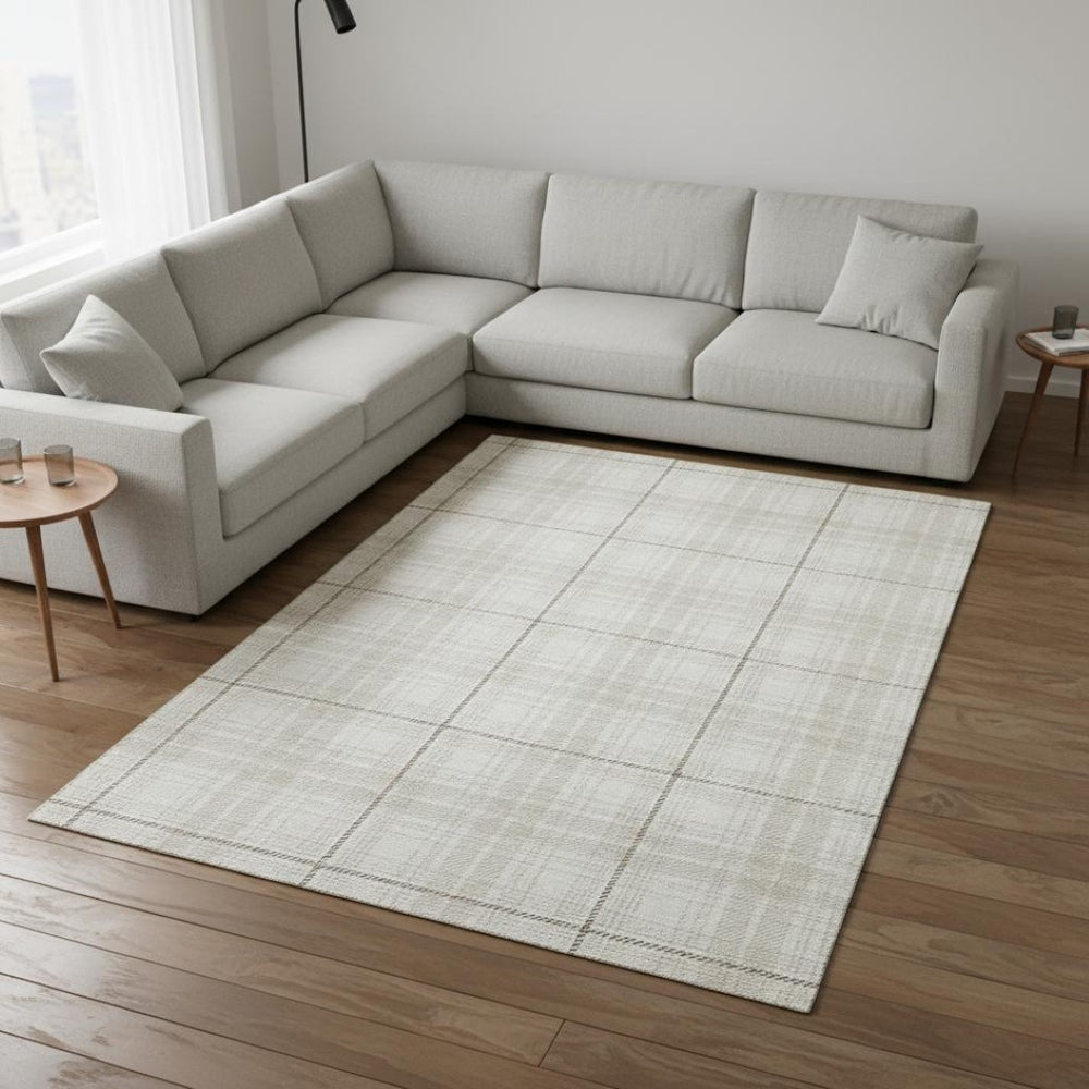 HomeRoots 10' Washable Ivory Brown & Beige Plaid Area Rug - Stain Resistant, UV Protected for Cozy Living Spaces 678245