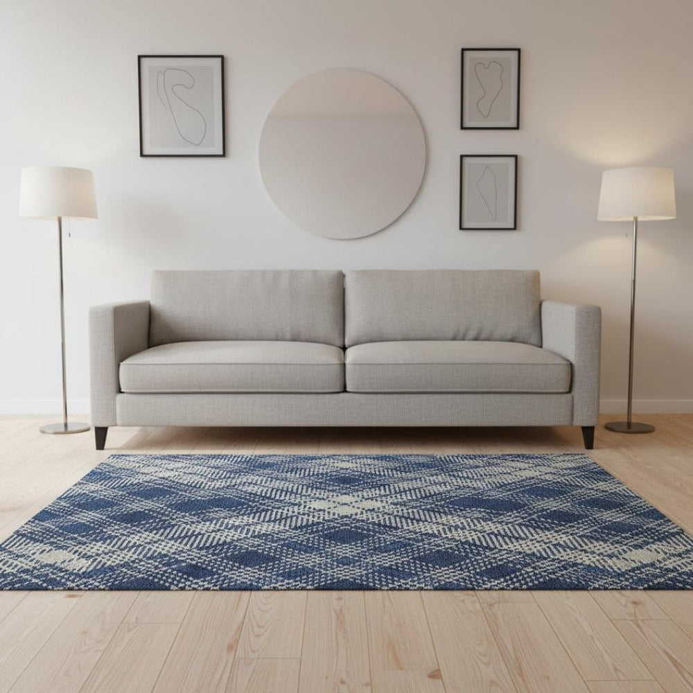 HomeRoots 5' X 8' Navy Blue & Ivory Plaid Washable Area Rug - UV Protected, Stain-Resistant, Perfect for Homes! 678247