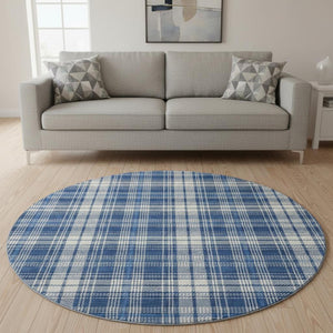 HomeRoots 8' Navy Blue & Ivory Plaid Washable Round Rug with UV Protection for Easy Care & Style Boost 678248