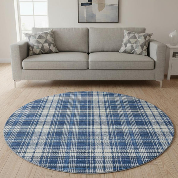 HomeRoots 8' Navy Blue & Ivory Plaid Washable Round Rug with UV Protection for Easy Care & Style Boost 678248