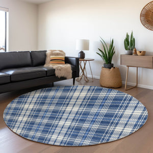 HomeRoots 8' Navy Blue & Ivory Plaid Washable Round Rug with UV Protection for Easy Care & Style Boost 678248